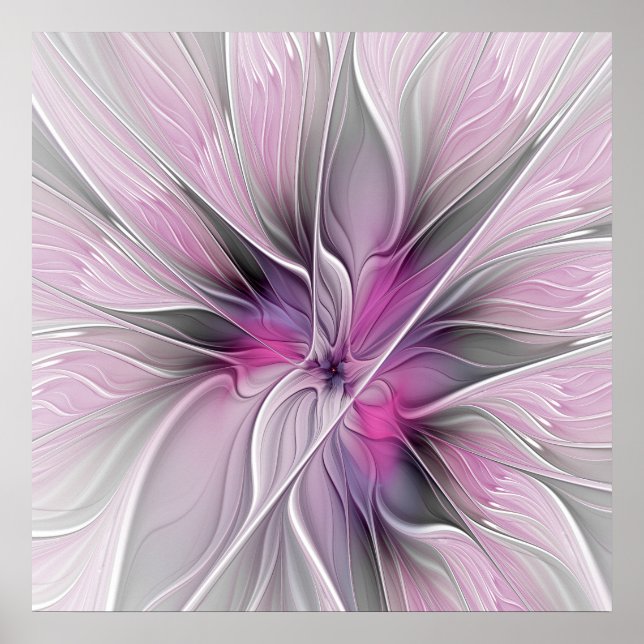 Poster Floral Fractal Moderno Abstrato Flor Rosa Cinza (Frente)