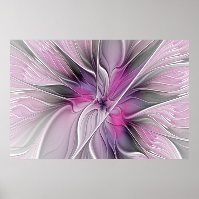 Póster Floral Fractal Moderno Abstrato Flor Rosa Cinza (Frente)
