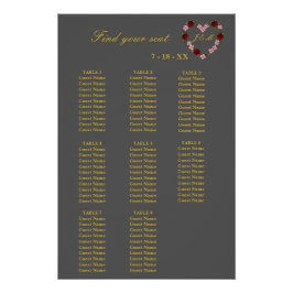 Póster Floral Grey Heart Wedding Seating Plan 8 Tables