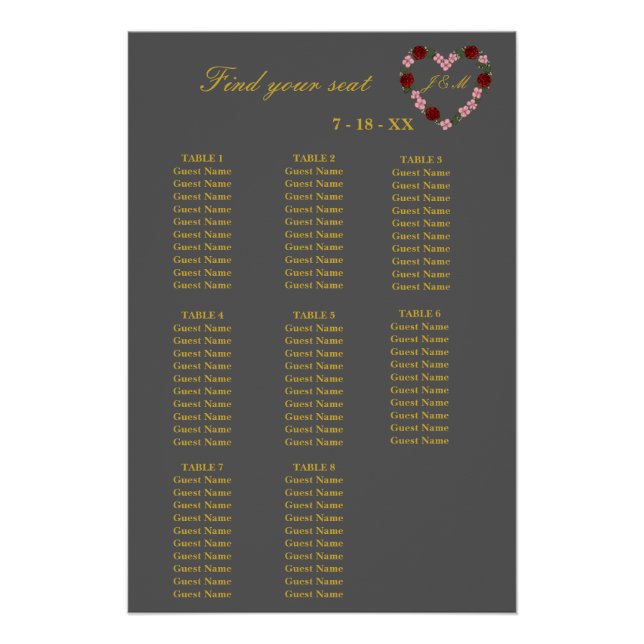 Póster  Floral Grey Heart Wedding Seating Plan 8 Tables (Frente)