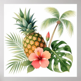 Poster Floral Hawaii Pineapple & Hibiscus Summer Name