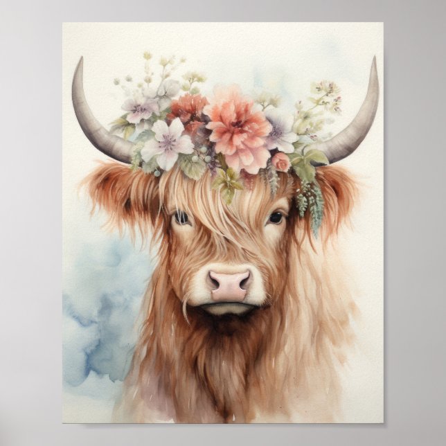 Poster Floral Highland Cow (Frente)