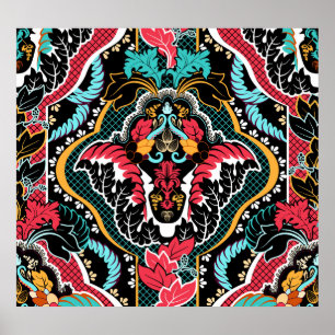 Poster Floral Indiano: Papel de Parede Sem Costura Vintag