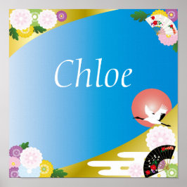 Poster Floral Japonês Crane Personalizado Name