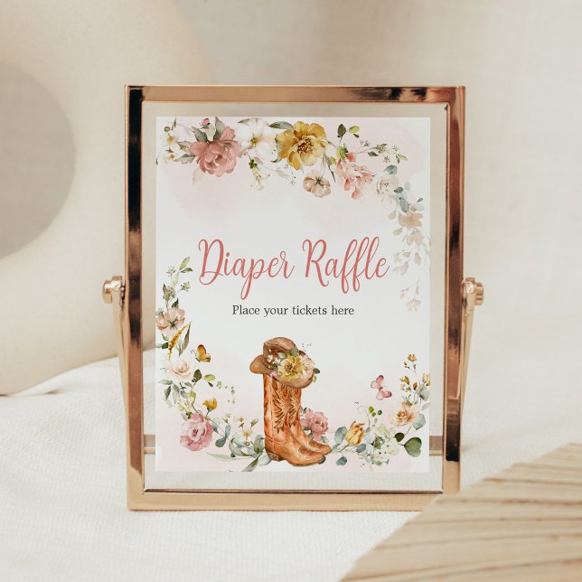 Poster Floral Little Cowgirl Fralda Raffle (Cowgirl Wild West Baby Shower Diaper Raffle Sign)