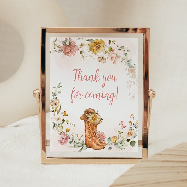 Poster Floral Little Cowgirl Obrigado por vir (Cowgirl Wild West Baby Shower Thank you for Coming Sign)