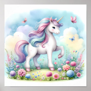 Poster Floral Mágico de Kawaii Unicorn