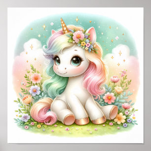 Poster Floral Mágico de Kawaii Unicorn