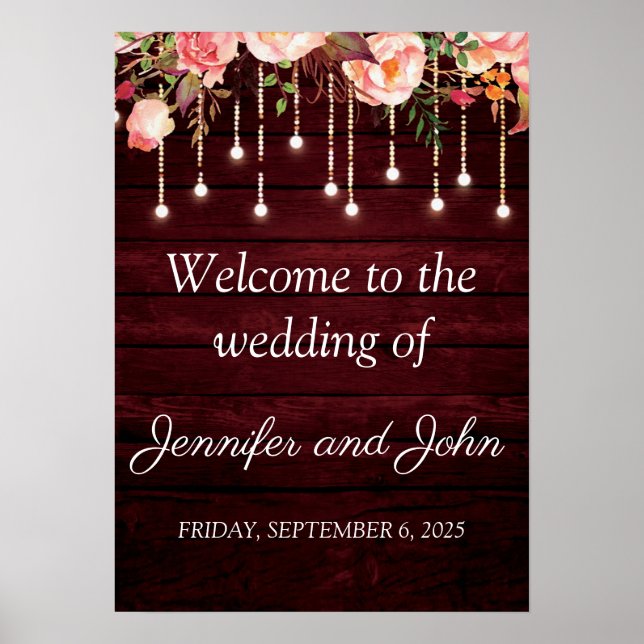 Poster Floral Maroon Wooden Rustic Wedding Bem-vindo (Frente)