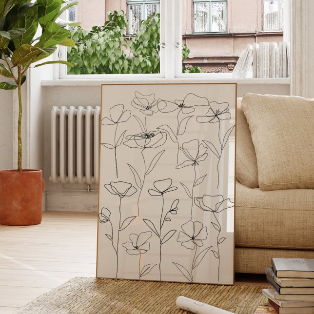 Poster Floral Mínimo Preto e Branco de Flor Selvagem (In situ Living room)