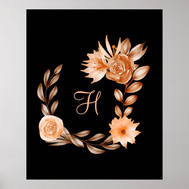 Poster Floral Preto Marrom e Rosa Monogramado (Frente)