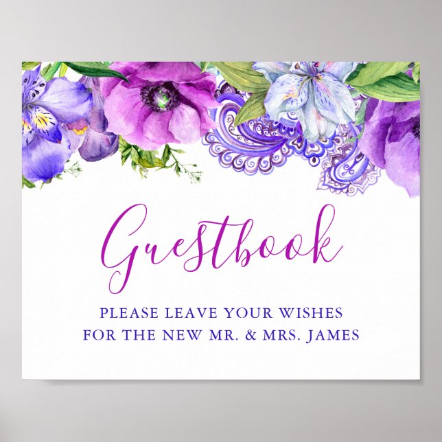 Poster Floral Purple Paisley Weding Sinal Guestbook (Frente)