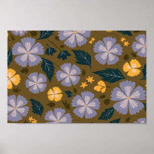 Poster Floral Púrpura e Amarelo macio com folhas verdes