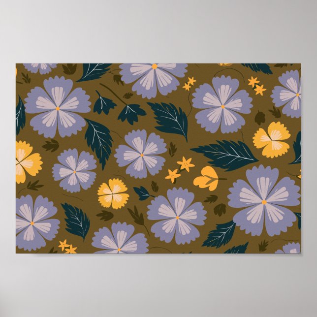 Poster Floral Púrpura e Amarelo macio com folhas verdes (Frente)