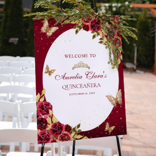 Poster Floral Red Dourada Tiara Butterfly Quinceañera