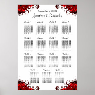 Póster Floral Red & White 15 Mesas de Casamento
