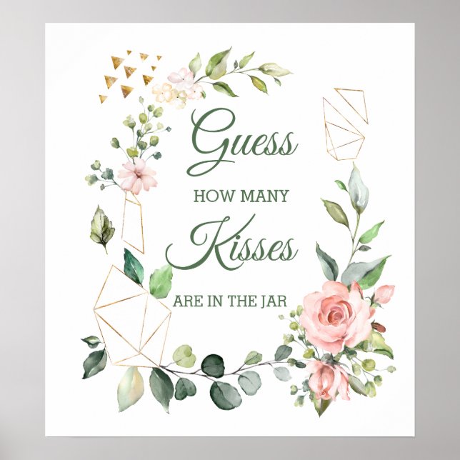 Poster Floral rosa, folhagem Jogo Adivinhe Quantos Beijos (Frente)