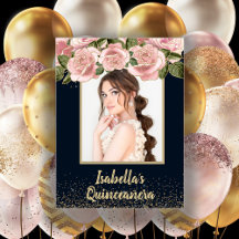 Floral Rosa Preto Dourado Foto Quinceañera Anivers