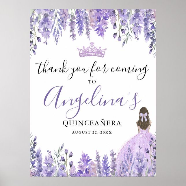 Poster Floral Roxo Sinal de Agradecimento Quinceanera (Frente)