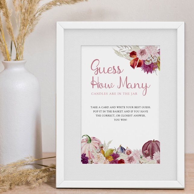 Poster Floral Russo Da Pequena Pumpkin Adivinha Quantos J (Fall Baby Shower Game Sign - Guess How Many)