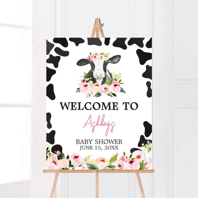 Poster Floral Santa Chá de fraldas (Floral Highland Cow Baby Shower Welcome Sign)