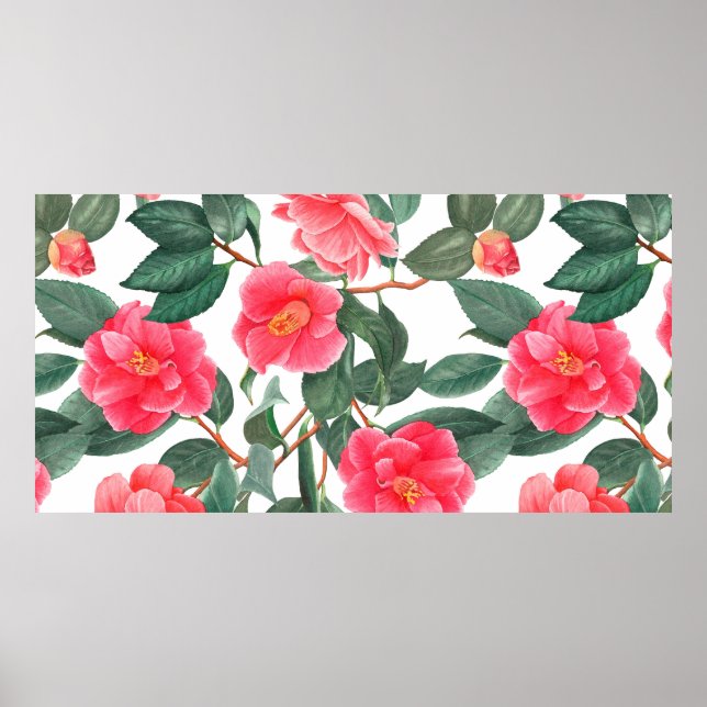 Poster Floral sem costura, flores vermelhas da camélia (Frente)