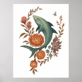 Poster Floral Shark Harmony - Nature & Ocean Fusion Art