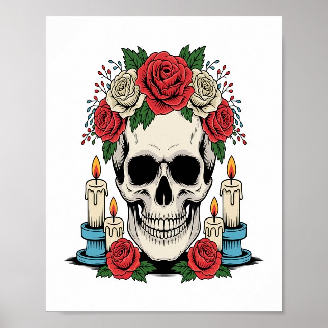 Poster Floral Skull with Candles Halloween (Frente)