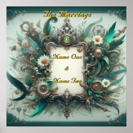 Poster Floral Steampunk Wedding Green e Silver