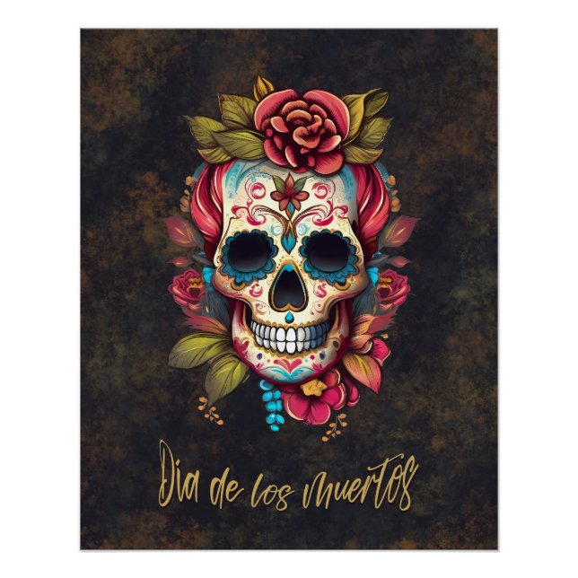 Póster Floral Sugar Skull Día de los Muertos Espanha (Frente)