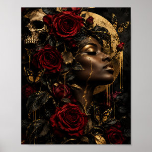 Poster Floral Surrealista Rainha Negra Folha de Ouro & Ro
