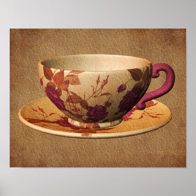 Poster Floral Teacup Sobre Arte De Papel Envelhecido (Frente)