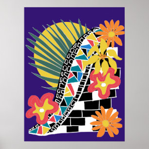 Poster Floral Tropical Ousado Mosaico Preto e Branco sobr