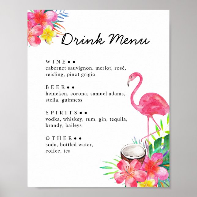 Poster Floral Tropical Paradise Flamingo Drinks Menu (Frente)