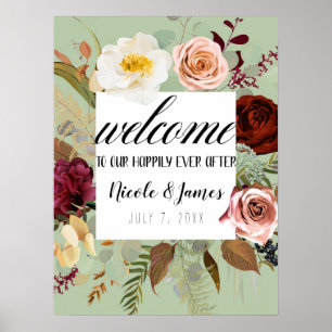 Poster Floral Verde Campestre Rústico Casamento Bem-vindo