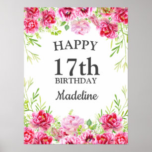 Poster Floral Verde Rosa Branco Feliz Aniversário