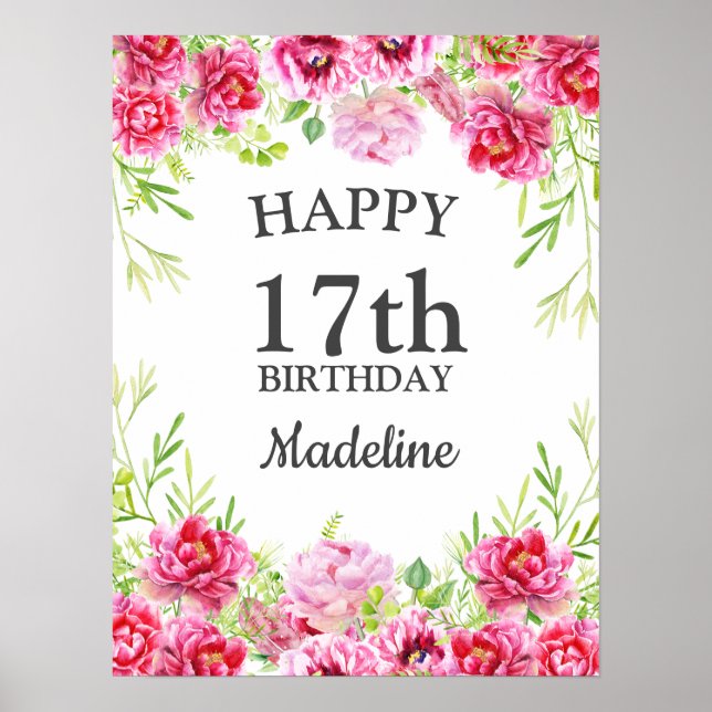 Poster Floral Verde Rosa Branco Feliz Aniversário (Frente)