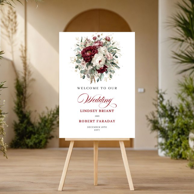 Poster Floral Verde Timeless Vermelho Profundo Bem-Vindo  (Timeless Deep Red Floral Greenery Wedding Welcome Sign)