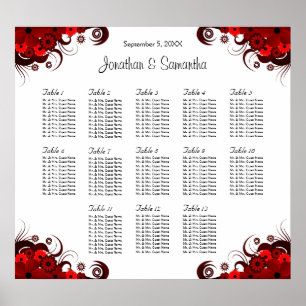Poster Floral Vermelho e Branco 13 Mesas de Casamento