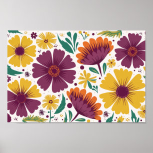 Poster Floral Vibrante com Blooms Roxos e Amarelos