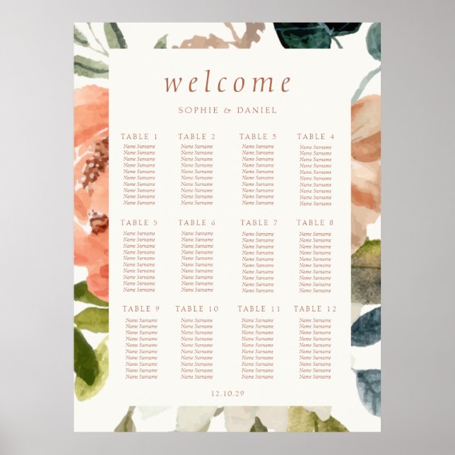 Poster Floral Watercolor 12 Mesa Casamento Marfim (Frente)