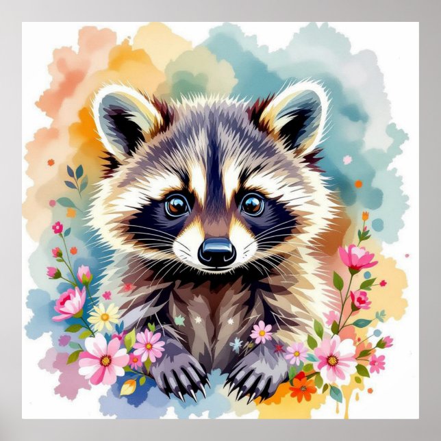Poster Floral Watercolor Raccoon (Frente)
