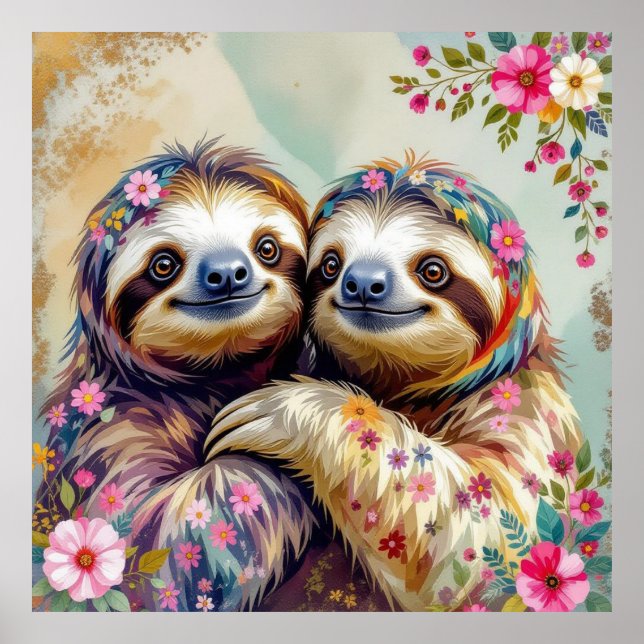 Poster Floral Watercolor Sloths 1 (Frente)