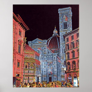 Poster Florença Artista, Itália Street Cena com Duomo