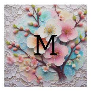 Póster Florença floral pastel cor-de-rosa monograma
