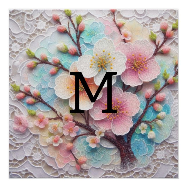 Póster Florença floral pastel cor-de-rosa monograma (Frente)