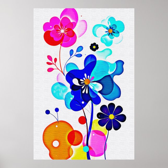 Poster Flores Abstratas Fluidas Ciano Magenta Vibrantes (Frente)