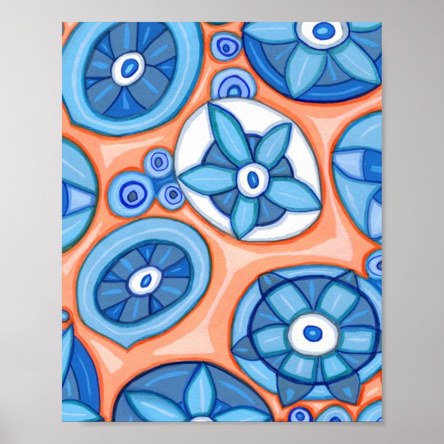 Poster Flores Abstrato azuis e laranja - Pintura original (Frente)