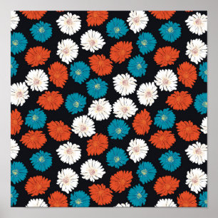 Poster Flores abstrato Branco Vermelho e Azul