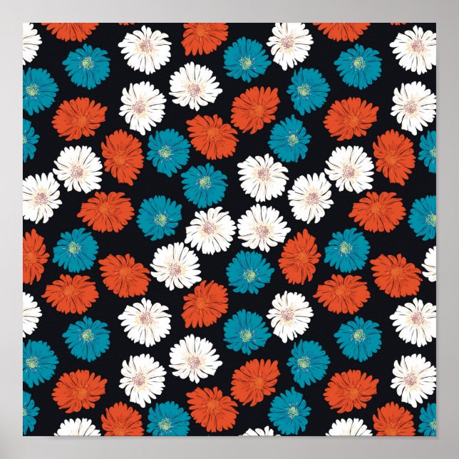 Poster Flores abstrato Branco Vermelho e Azul (Frente)